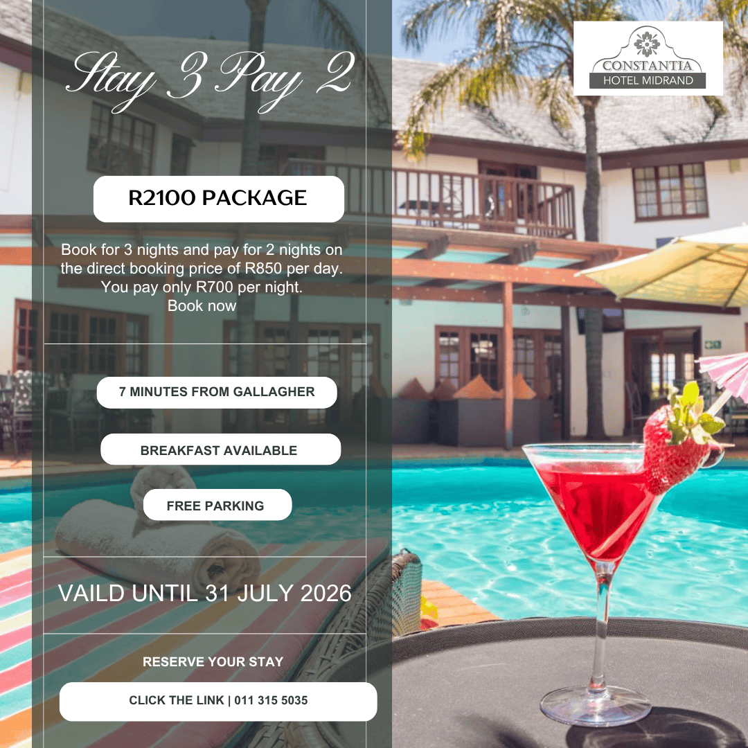 Stay 3 nights for the price of 2 at Constantia Hotel Midrand. Enjoy more comfort, more value, and an extra night on us for a limited time.